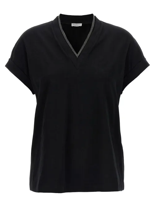 Brunello Cucinelli Monile-Trimmed V-Neck T-shirt — Black