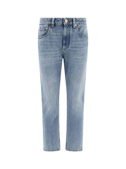 Brunello Cucinelli Tapered Five-Pocket Trousers — Blue