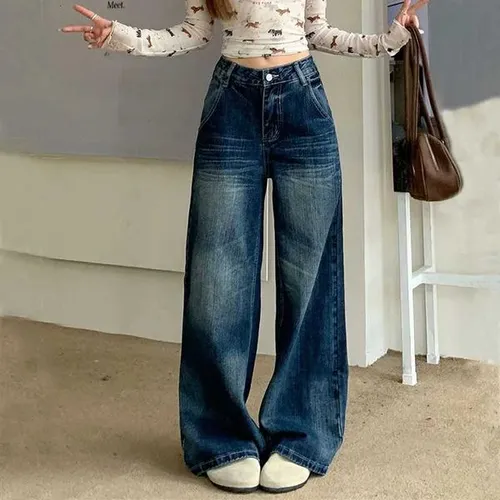 2025 Autumn Womens Y2K Jeans Dongdaemun Navy Back Whisker Jeans Loose Straight Leg Casual Denim Pants 2742T251013