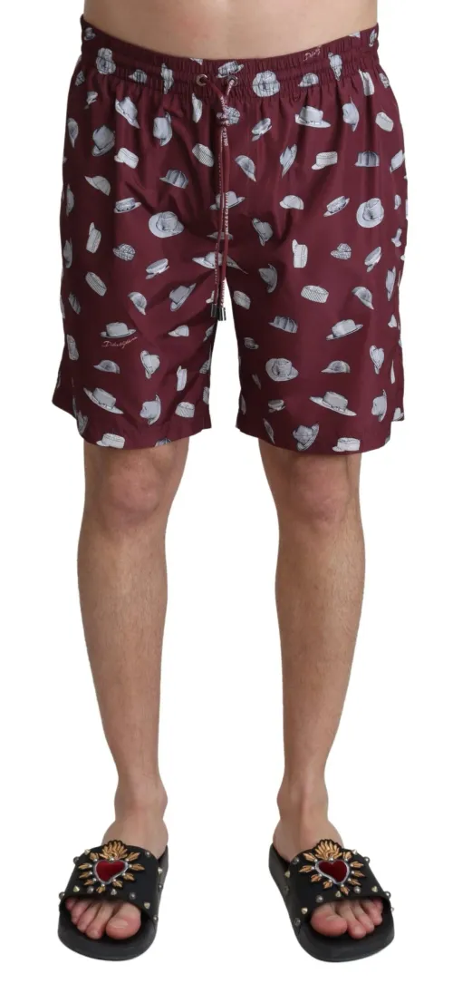 Dolce & Gabbana Hat-Print Polyester Swim Shorts — Maroon