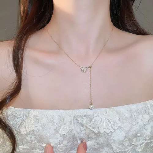 s925 sterling silver butterfly for women, full-diamond elegant best friend pendant, niche forest style shell bead collarbone chain necklace