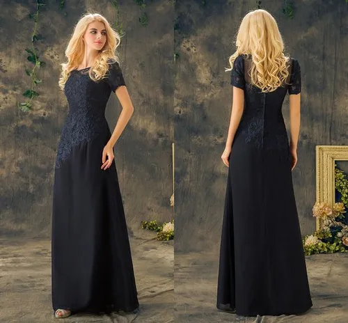 2021 Mother Of The Bride Scoop Neck Short Sleeve A Line Long Floor Length Navy Blue Appliques Lace Formal Plus Mother Dress