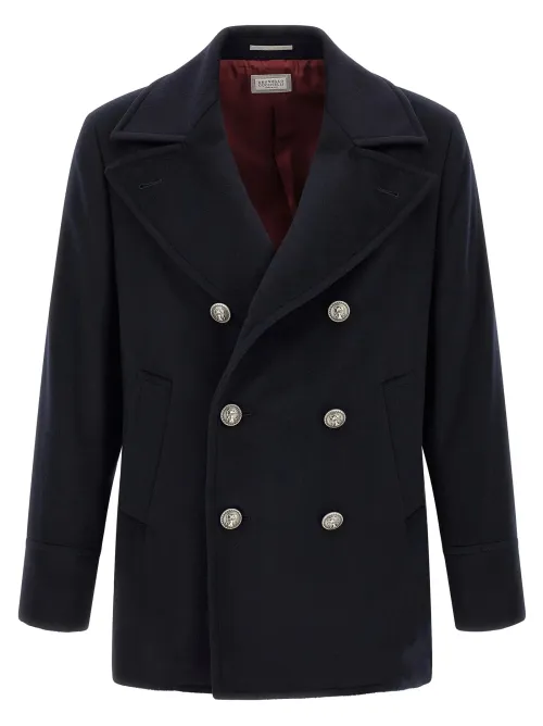Brunello Cucinelli Double-Breasted Wool Peacoat Coat — Navy