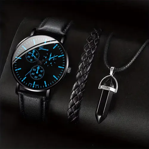 3PCS/Set Men Business Watches Casual Leather Band Analog Male's Quartz Watch Necklace Bracelet Set