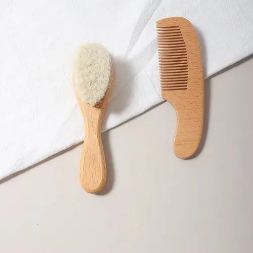 2pcs Baby Comb Set Baby Care Hair Brush Beech Soft Wool Wood Comb Newborn Massager Baby Shower And Gift Baby Hair Soothing