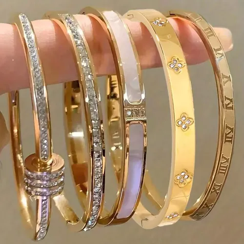 ZAKOL 5/1pcs Sparkling Zirconia Inlaid Stainless Steel Bracelet Set for Women Stackable Bangles Fashion Non Fading Jewelry Gift