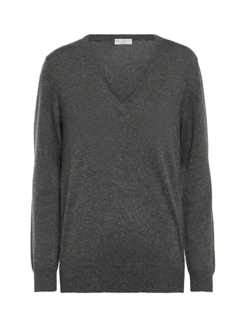 Brunello Cucinelli Cashmere V-Neck Sweater — Gray