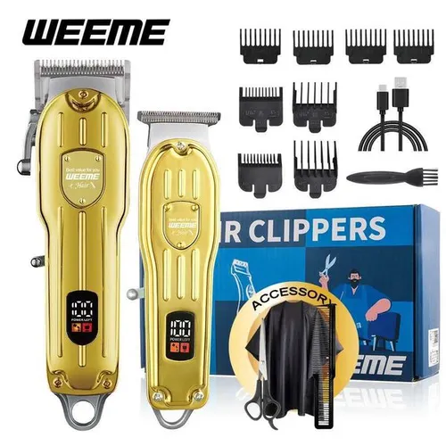 WEEME 819 Silver Barber Clipper Set with LCD Display USB Charging Hair Trimmer T-Blade Shaver Gift for MenT251120
