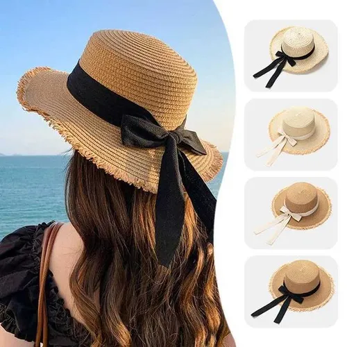 Korean Bow Straw Hat for Women Outdoor Beach Wide Brim Sun Visor Cap Summer Vacation Sunshade Female Panama Hats H260317