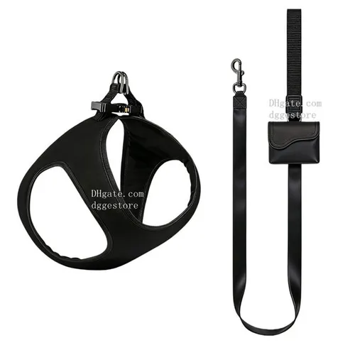 Designer Dog Harness Collars Leash with Dog Bags Holder Luxury Collar with Metal Charm Double Layered Nylon Leather Beige and Black Oblique Jacquard Pattern B333