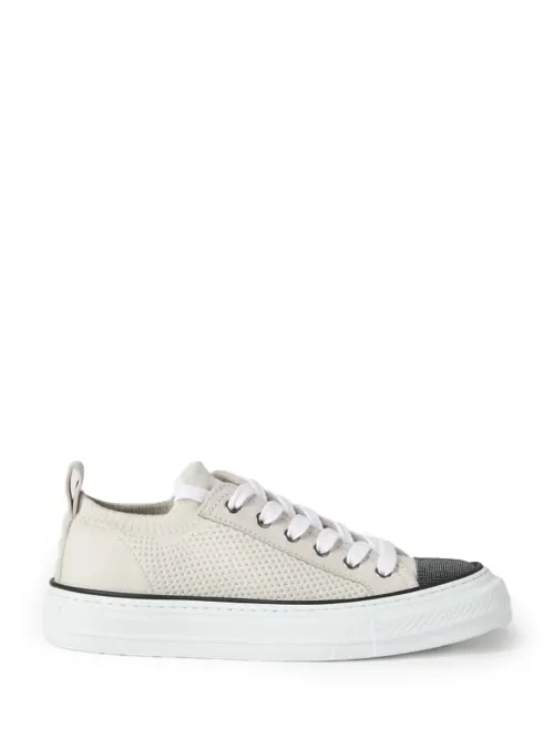 Brunello Cucinelli Cotton Knit with Monili Embroidery Sneaker — White