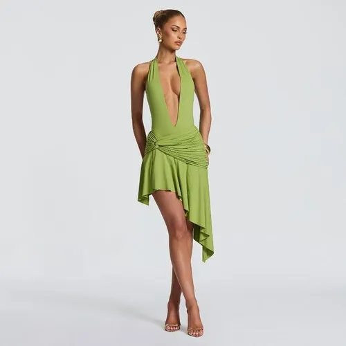 Ladies Solid Matching Two Piece Set Halter Deep V Neck Bodysuit And Asymmetrical Hem Ruched Wrap Skirt Sleeveless Night Out Outfit Set