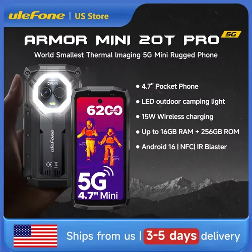 Ulefone Armor Mini 20T Pro 5G 4.7' Display Rugged Phone Android 16 LED Light 6200mAh 16GB+256GB Thermal Imaging 33W Smartphone