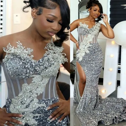 Aso Ebi Silver Mermaid Prom Dresses 2025 One Shoulder Crystals Sequined Evening Formal Party Second Birthday Engagement Gowns Plus Size Dress For Special Occasions