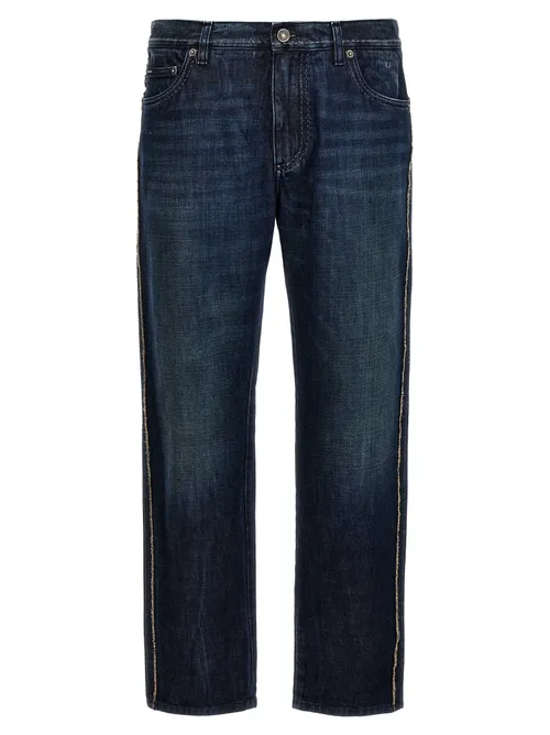 Dolce & Gabbana Frayed Side-Stitched Cotton Jeans — Blue