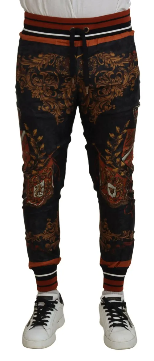 Dolce & Gabbana Silk Baroque Crown Print Joggers — Black