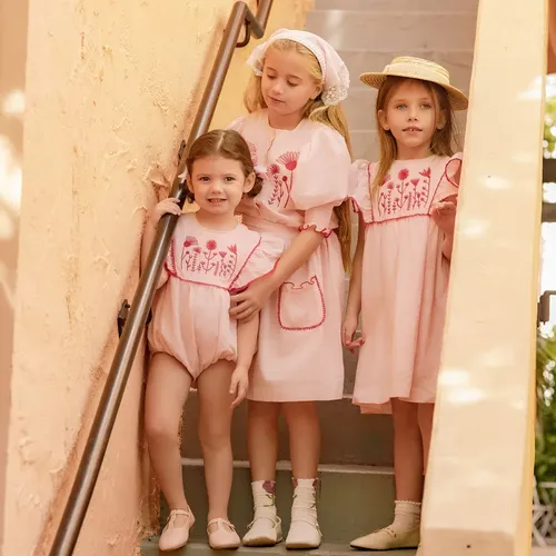 AP Venice Pink Collection SS26 Girls Floral Embroidery Flying Sleeves Dress Baby Cute Romper Linen Cotton Clothing Set