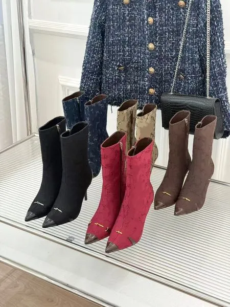 26WF New Women's Ankle Boots with Horsebit Detail, Monogram Pattern, Pointed Toe, and Metal Heel