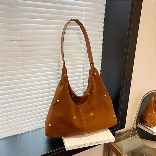 Simple Thread Design Women Faux Suede Shoulder Bags Rivet Large Capacity Ladies Handbags Commuter Female Underarm Tote Bag Y260205