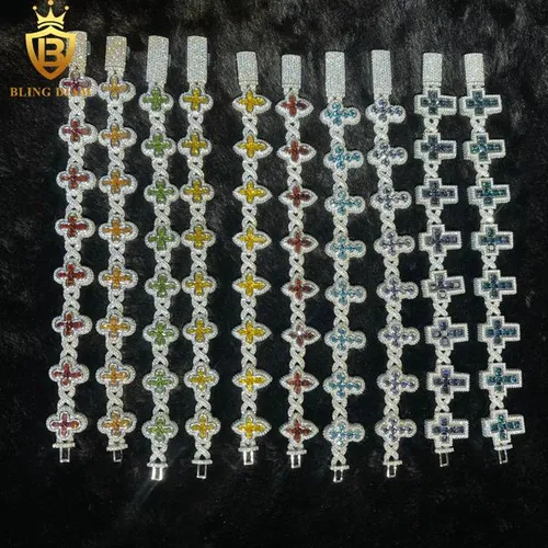 New Cuban Bracelet Cross 4 Clover Flower Hip Hop Men Charms for Jewelry 925 Sliver Green Blue Purple Yellow Red Moissanite