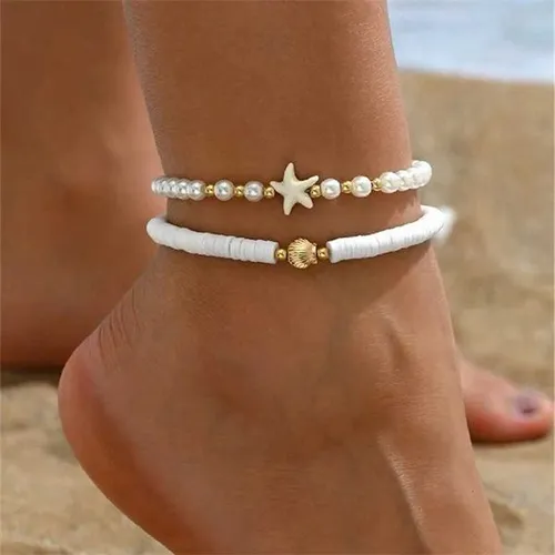 Bohemian Metal Shell Starfish Simulated Pearl Chain Anklet Set for Women Stackable Anklet Barefoot Beach Jewelry Gift H260325