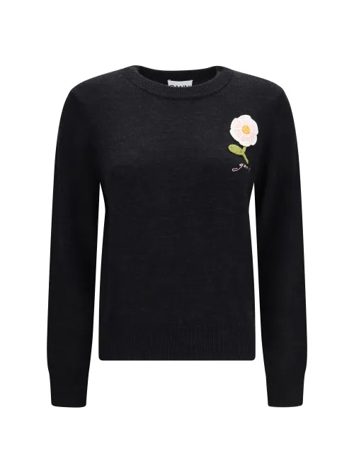 Ganni Wool with Crochet Flower Sweater — Black