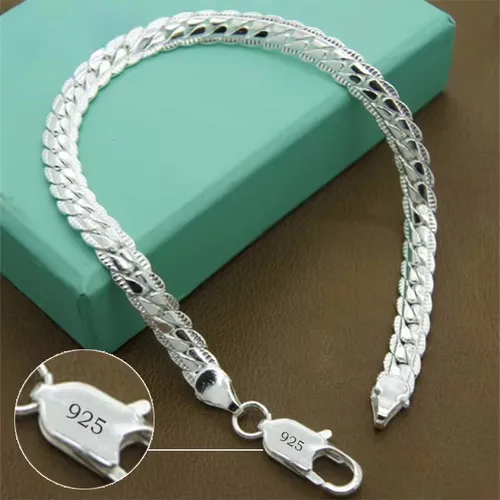 925 Silver Bracelet 6mm 18/19/20cm Flat Side Chain Lobster Clasp For Woman Man Wedding Engagement Jewelry