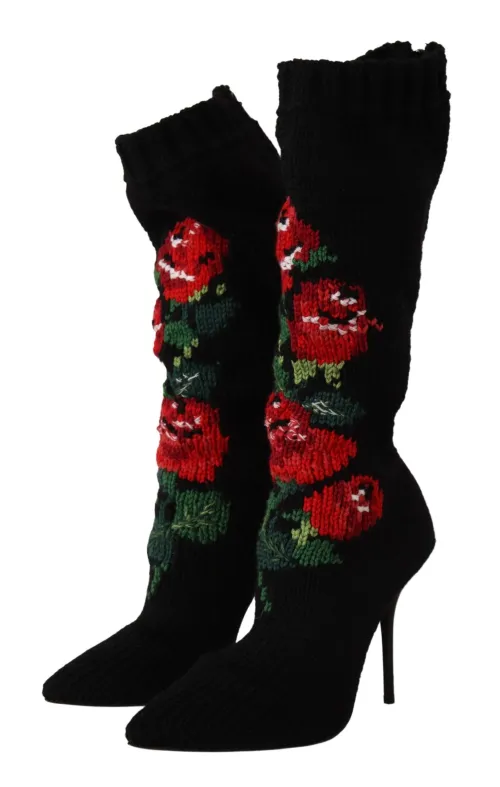 Dolce & Gabbana Rose-Embroidered Wool Blend Boot — Black